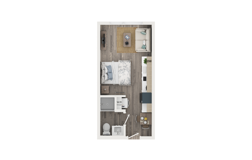 Standard Studio - Studio floorplan layout with 1 bath and 289 to 303 square feet.