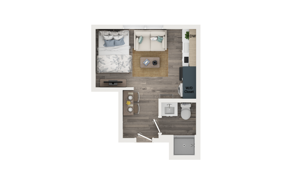 NW Corner Studio - Studio floorplan layout with 1 bath and 260 square feet.