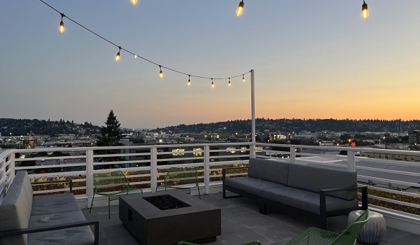 deck with seating and lights