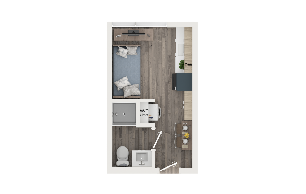 Microstudio with Kitchen [Units 202, 402, 602] - Studio floorplan layout with 1 bath and 206 square feet.