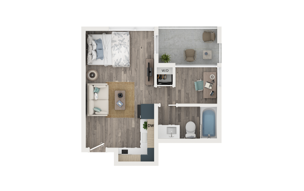 Studio with Den & Loggia [Units 203,403,603] - Studio floorplan layout with 1 bathroom and 338 square feet